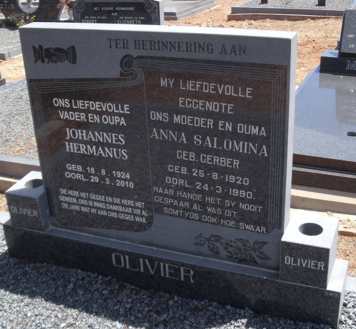 OLIVIER Johannes Hermanus 1924-2010 &amp; Anna Salomina GERBER 1920-1990