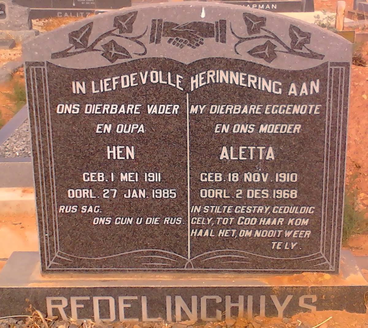 REDELINGHUYS Hen 1911-1985 &amp; Aletta 1910-1968