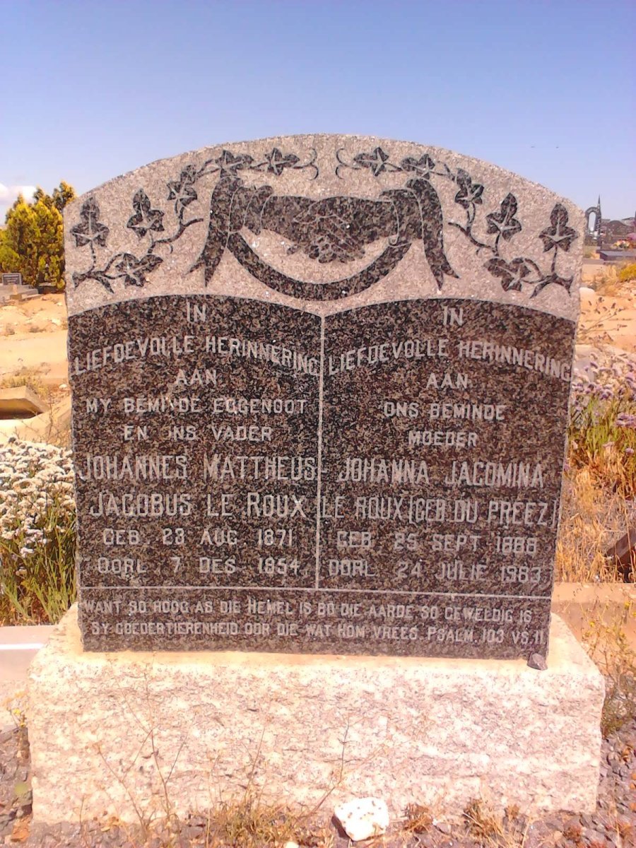 ROUX Johannes Mattheus Jacobus, le 1871-1954 &amp; Johanna Jacomina DU PREEZ 1888-1983