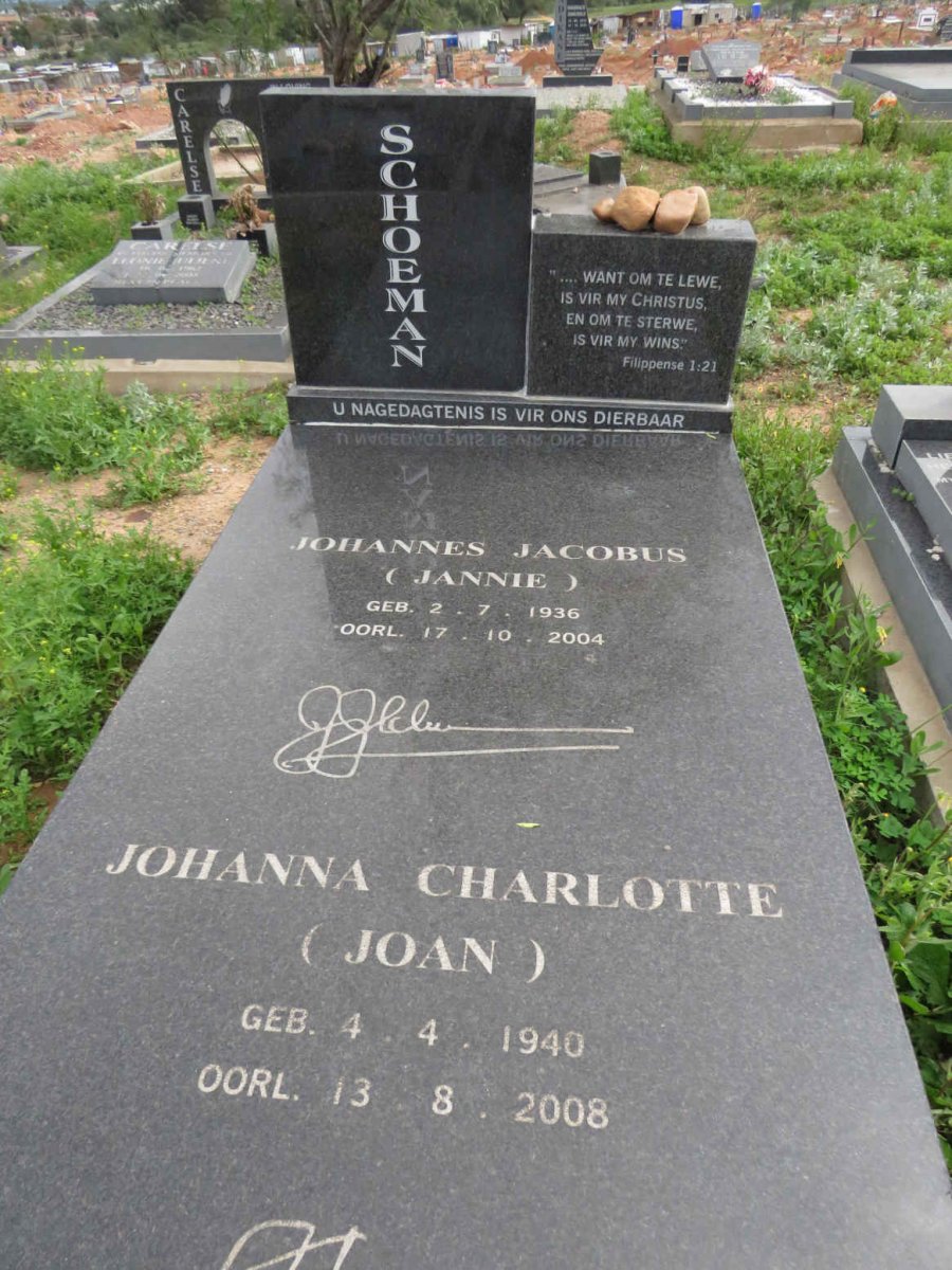 SCHOEMAN Johannes Jacobus 1936-2004 & Johanna Charlotte 1940-2008