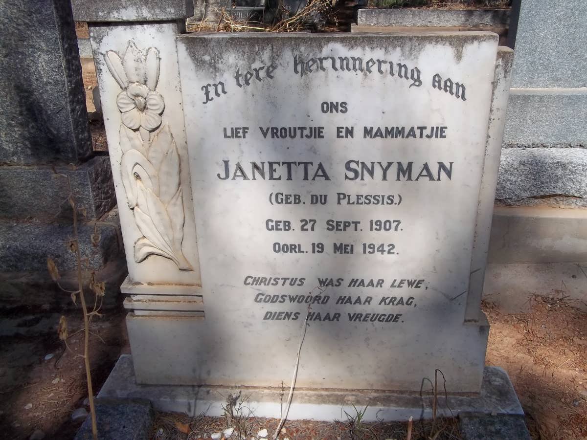 SNYMAN Janetta nee du PLESSIS 1907-1942