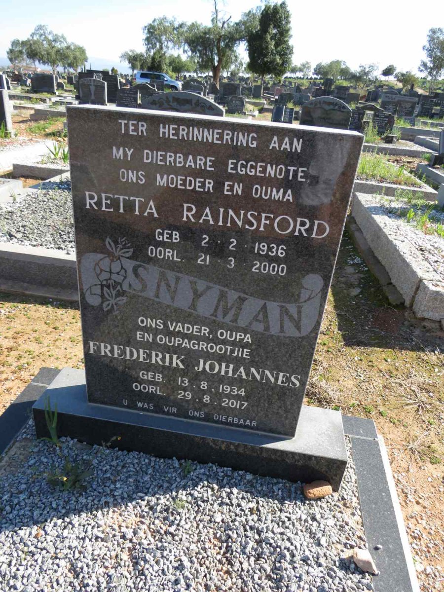 SNYMAN Frederik Johannes 1934-2017 & Retta Rainsford 1936-2000