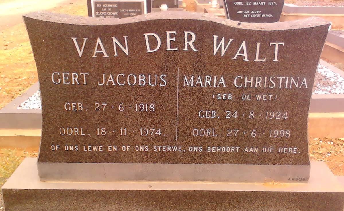 WALT Gert Jacobus, van der 1918-1974 &amp; Maria Christina DE WET 1924-1998