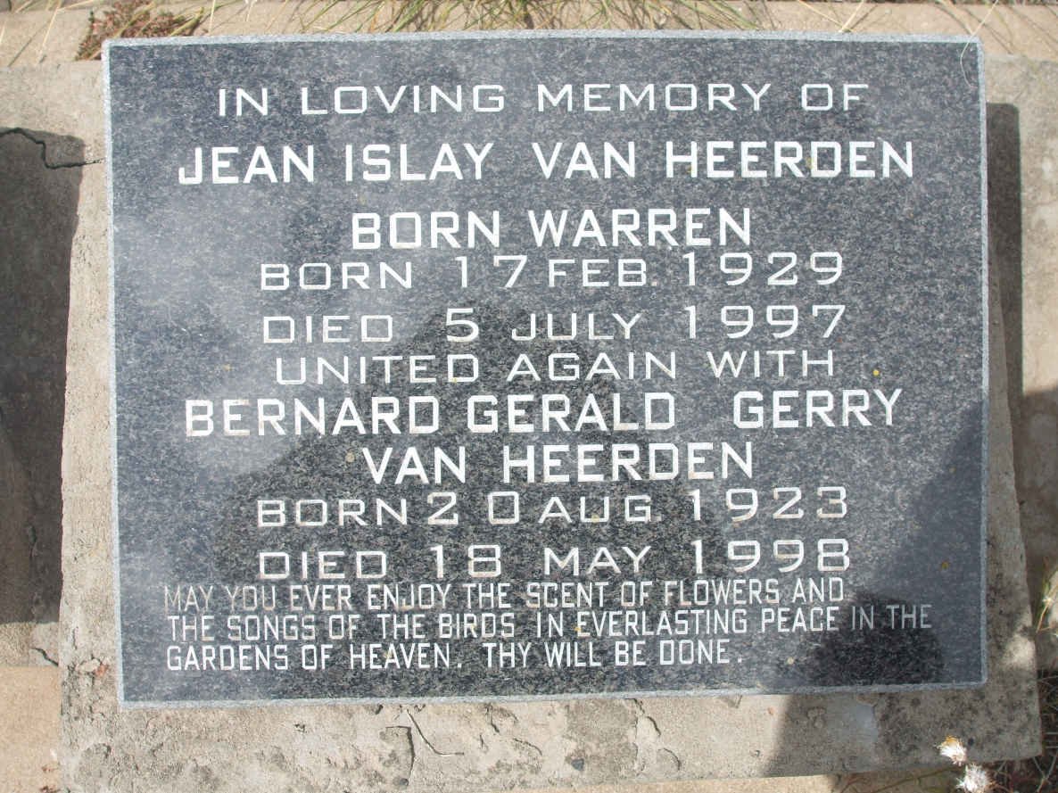 HEERDEN Bernard Gerald Gerry, van 1923-1998 &amp; Jean Islay WARREN 1929-1997