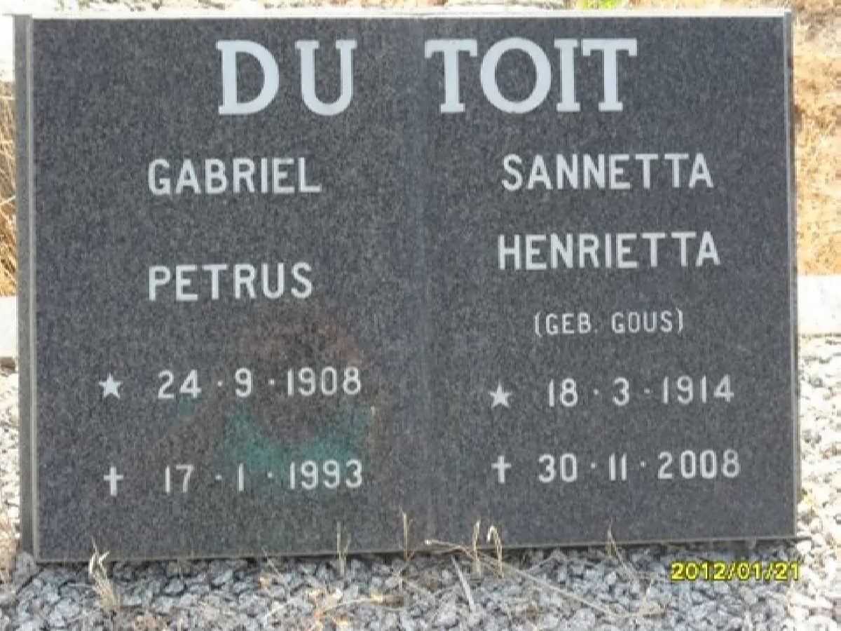 TOIT Gabriel Petrus, du 1908-1993 &amp; Sannetta Henrietta GOUS 1914-2008