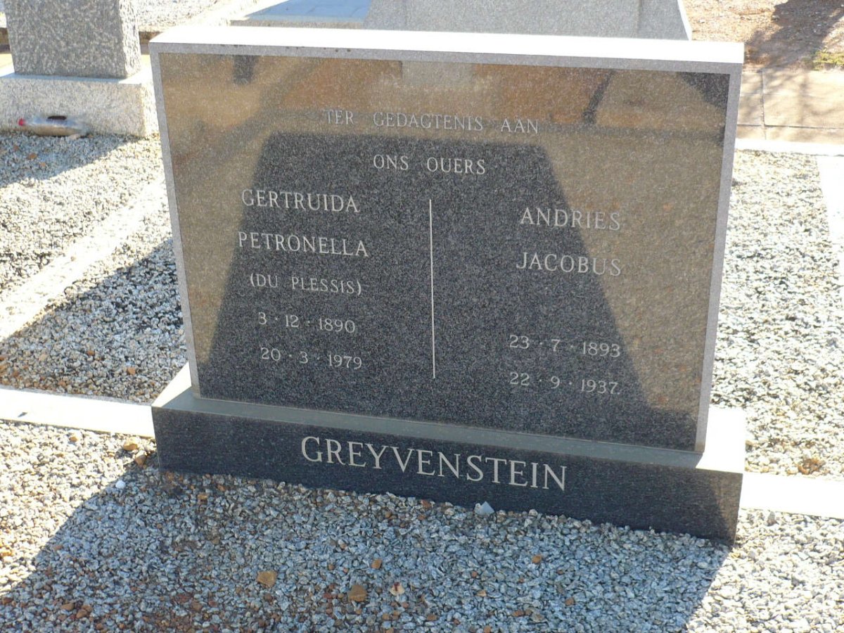 GREYVENSTEIN Andries Jacobus 1893-1937 &amp; Gertruida Petronella DU PLESSIS 1890-1979