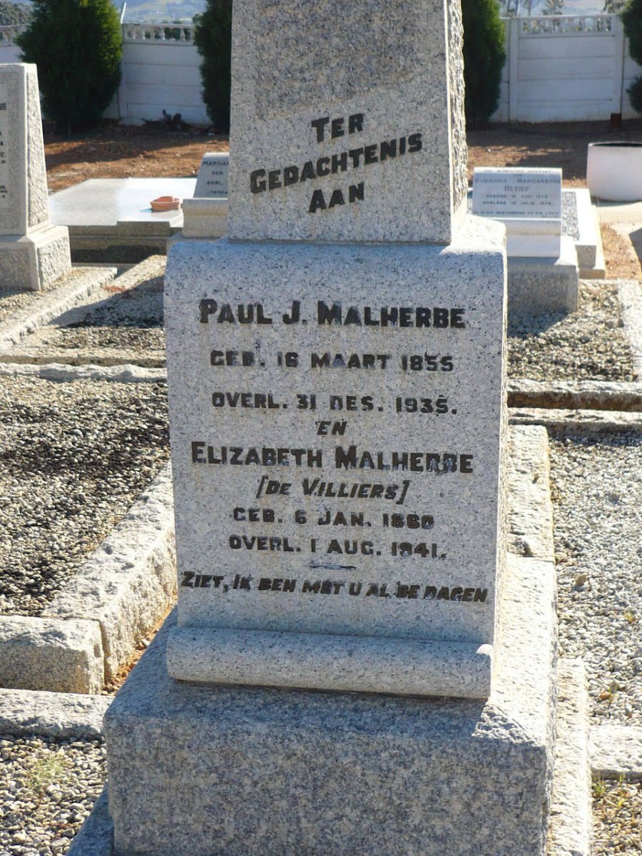 MALHERBE Paul J. 1855-1935 &amp; Elizabeth DE VILLIERS 1860-1941