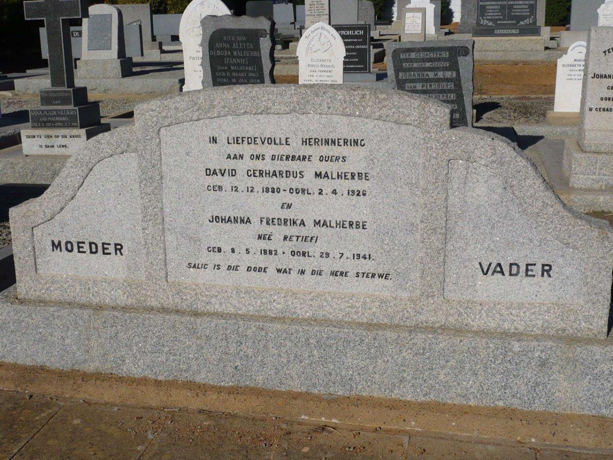 MALHERBE David Gerhardus 1880-1926 &amp; Johanna Frederika RETIEF 1882-1941
