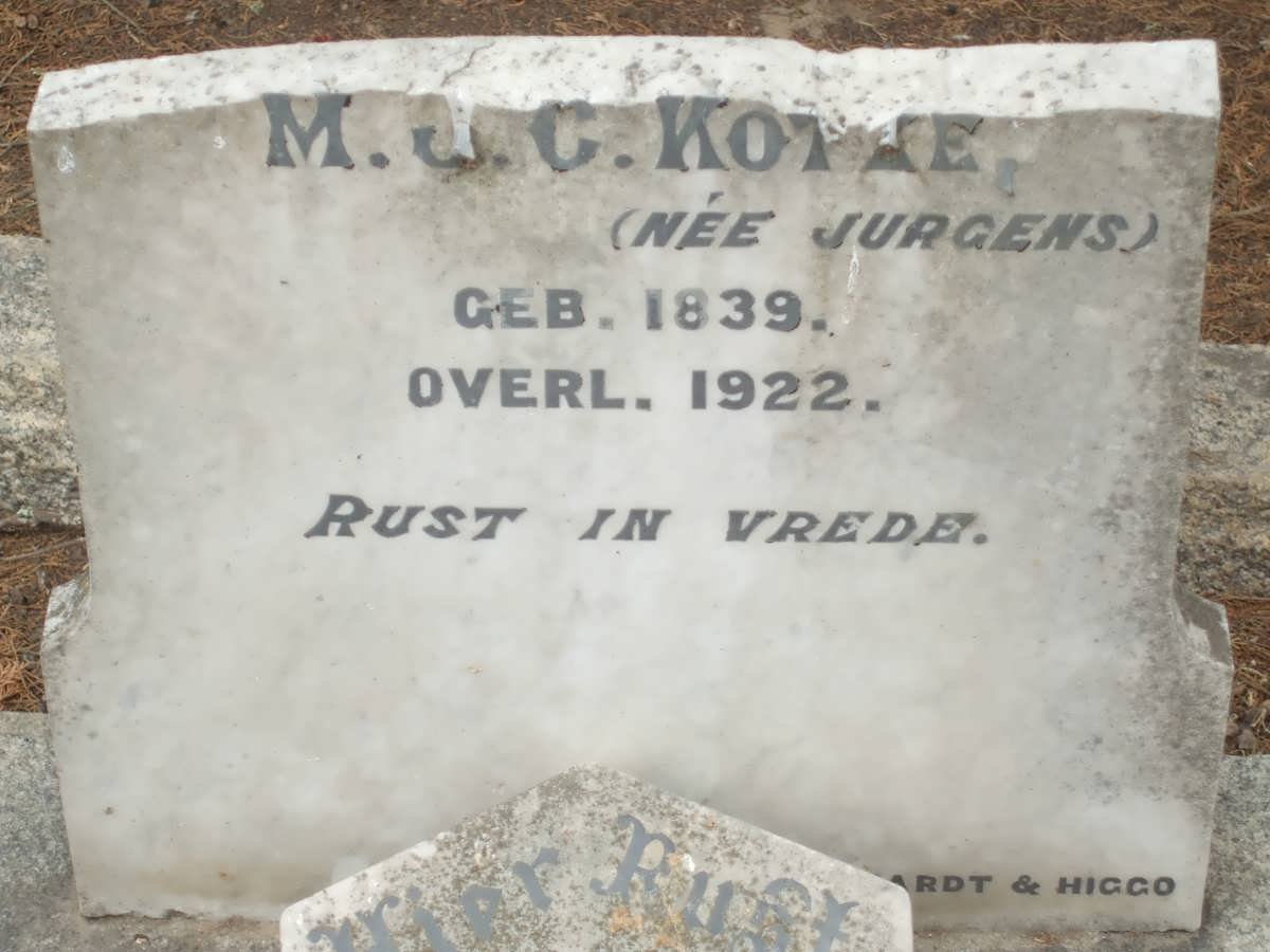 KOTZE M.J.C. nee JURGENS 1839-1922