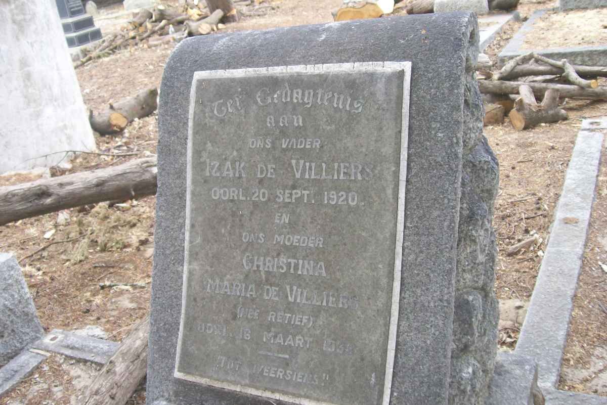 VILLIERS Izak, de -1920 &amp; Christina Maria RETIEF -1932