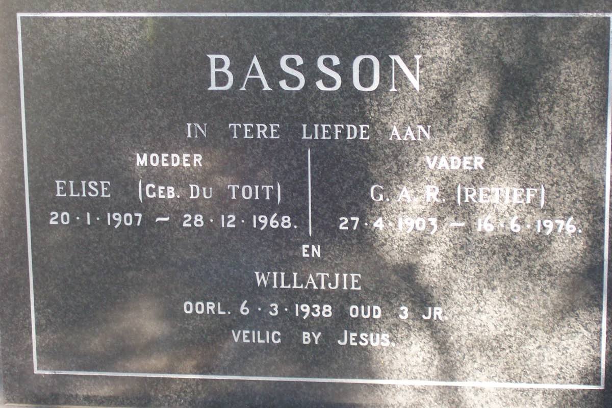 BASSON G.A.R. 1903-1976 &amp; Elise DU TOIT 1907-1968