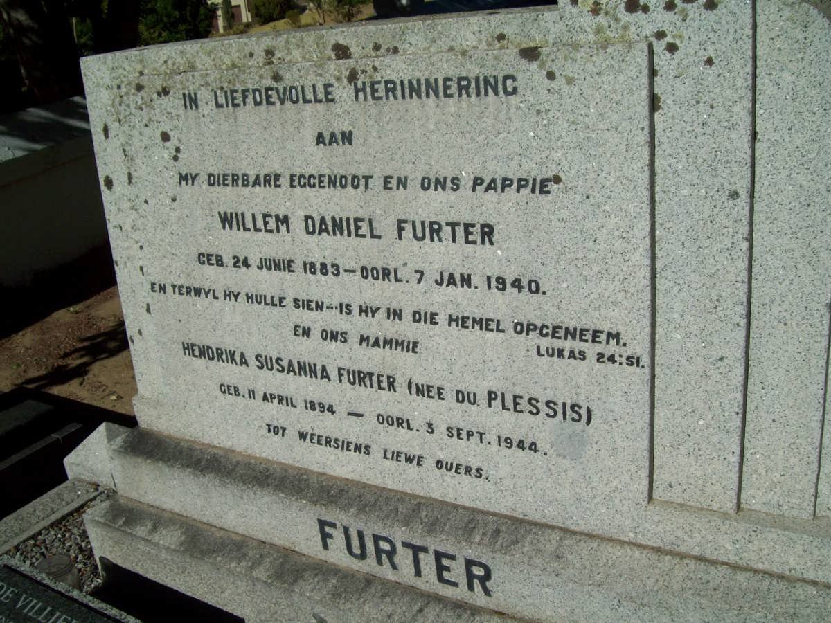 FURTER Willem Daniel 1883-1940 &amp; Hendrika Susanna DU PLESSIS 1894-1944