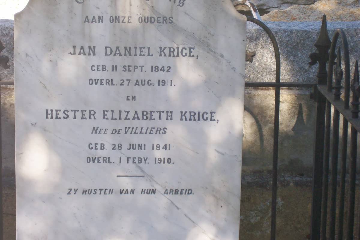 KRIGE Jan Daniel 1842-1901 &amp; Hester Elizabeth DE VILLIERS 1841-1910
