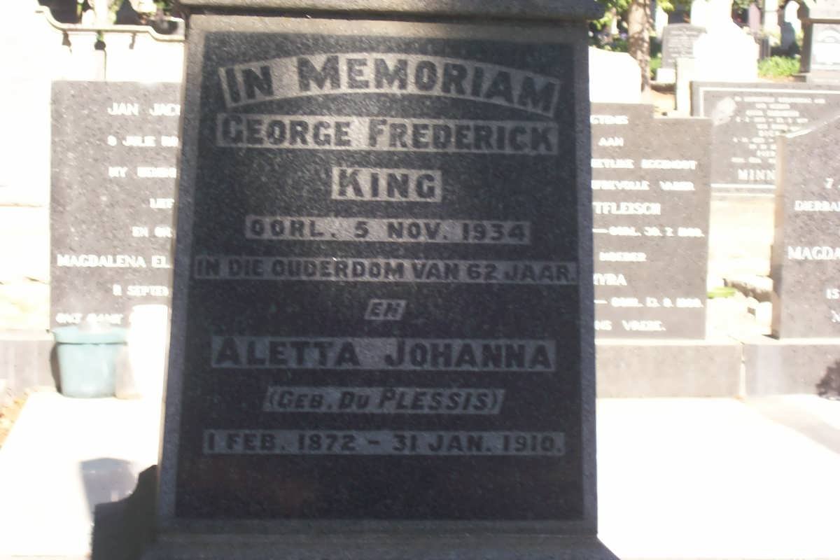 KING George Frederick -1934 &amp; Aletta Johanna DU PLESSIS 1872-1910