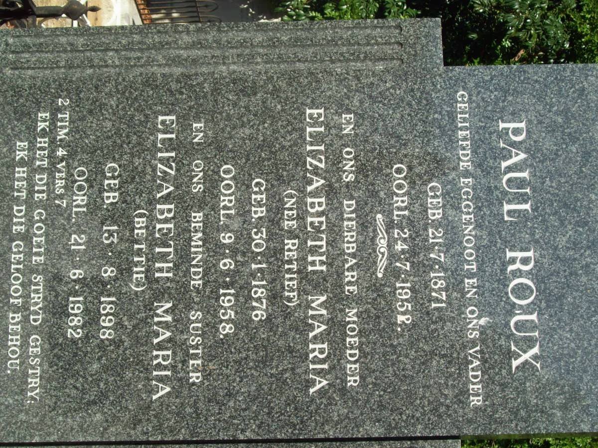 ROUX Paul 1871-1952 &amp; Elizabeth Maria RETIEF 1876-1958 :: ROUX Elizabeth Maria 1898-1982