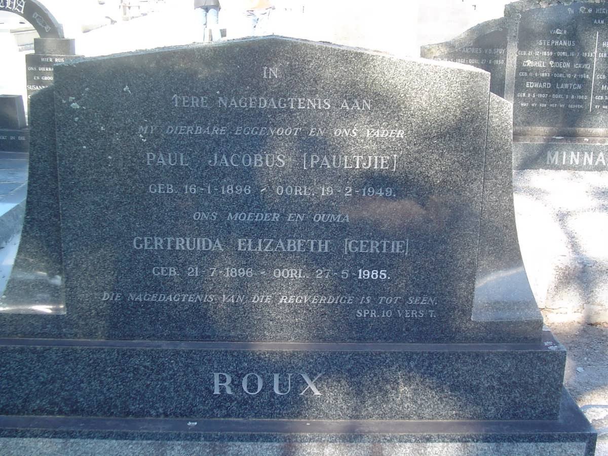 ROUX Paul Jacobus 1896-1949 &amp; Gertruida Elizabeth 1896-1985