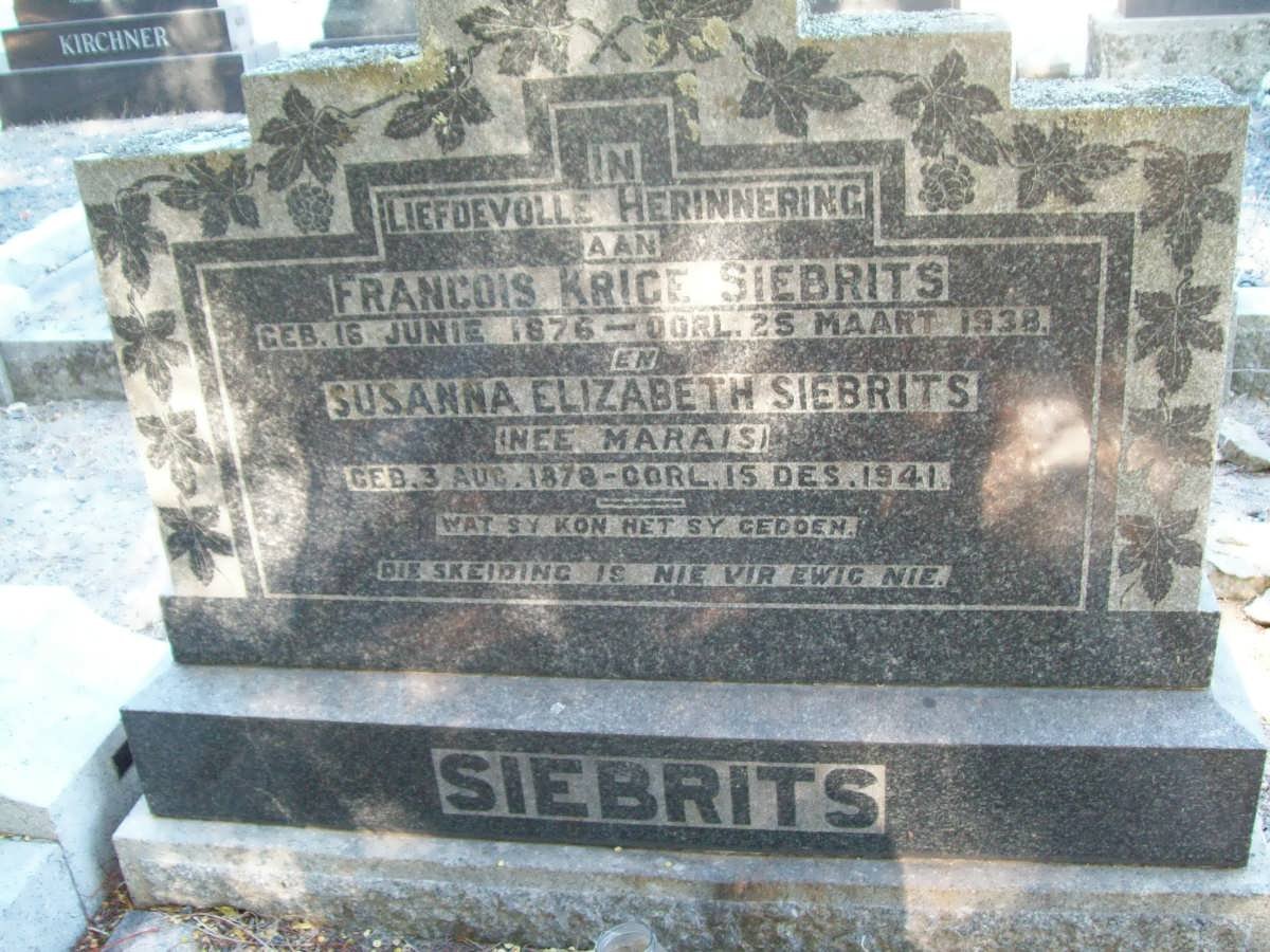 SIEBRITS Francois Krige 1876-1938 &amp; Susanna Elizabeth MARAIS 1878-1941