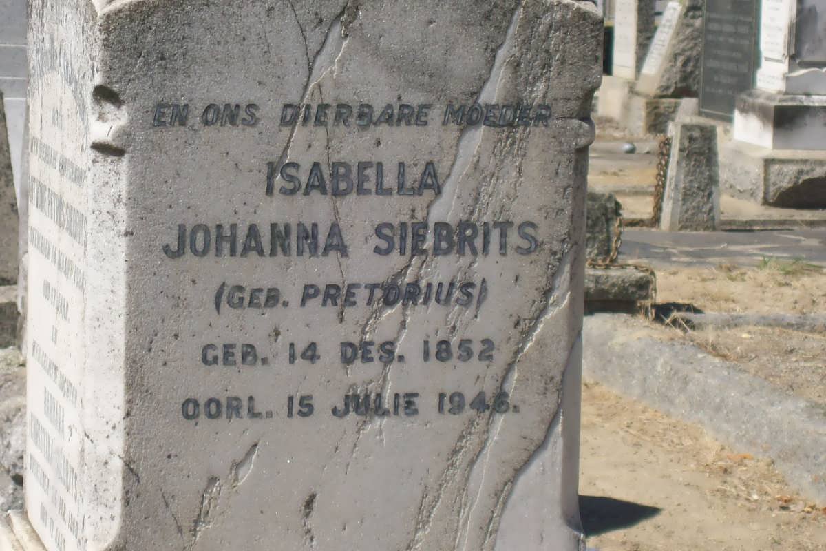 SIEBRITS Isabella Johanna nee PRETORIUS 1852-1946