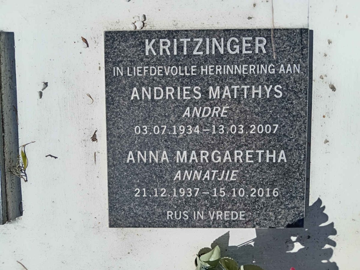 KRITZINGER Andries Matthys 1934-2007 &amp; Anna Margaretha 1937-2016