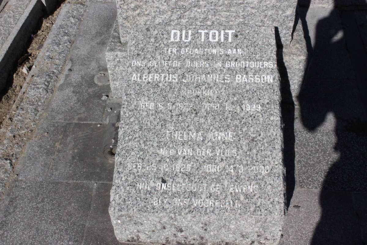 TOIT Albertus Johannes Basson, du 1922-19?9 &amp; Thelma Anne VAN DER VLIES 1929-2000