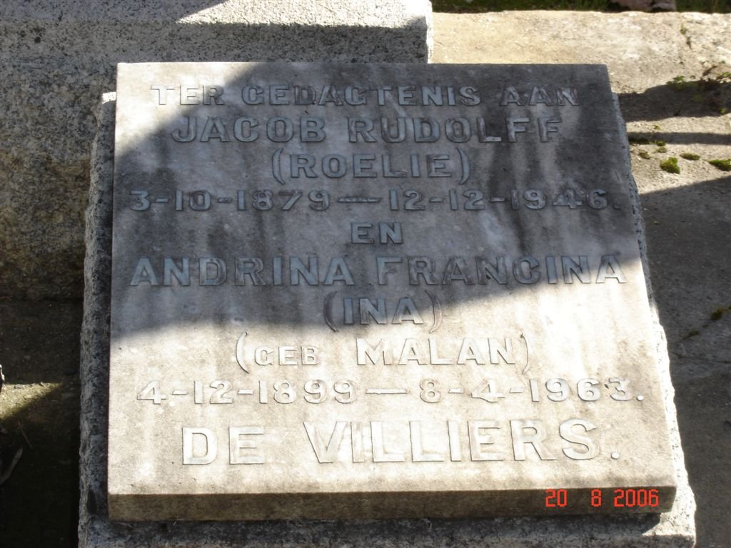 VILLIERS Jacob Rudolff, de 1879-1946 &amp; Andrina Francina MALAN 1899-1963