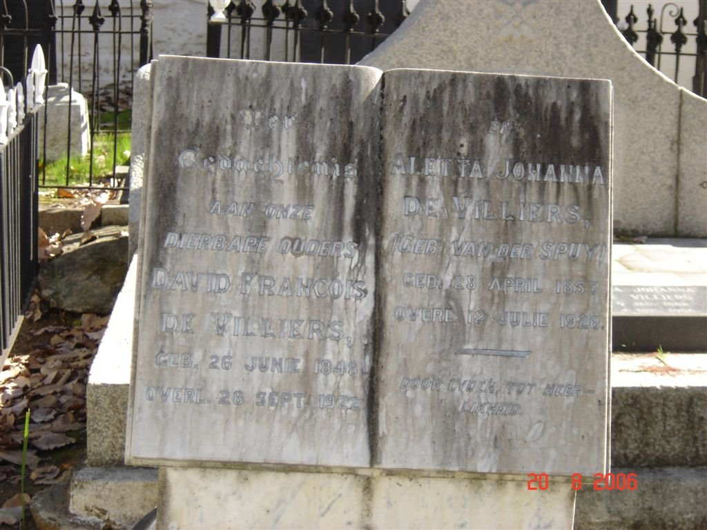 VILLIERS David Francois, de 1848-1922 &amp; Aletta Johanna VAN DER SPUY 1857-1926