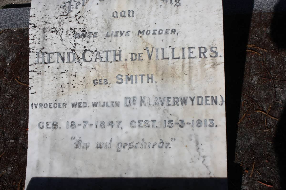 VILLIERS Hend. Cath., de formerly DE KLAVERWYDEN, nee SMITH 1847-1913