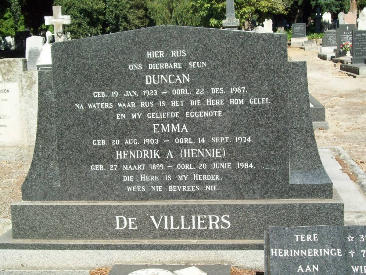 VILLIERS Hendrik A., de 1899-1984 &amp; Emma 1903-1974 :: DE VILLIERS Duncan 1923-1967
