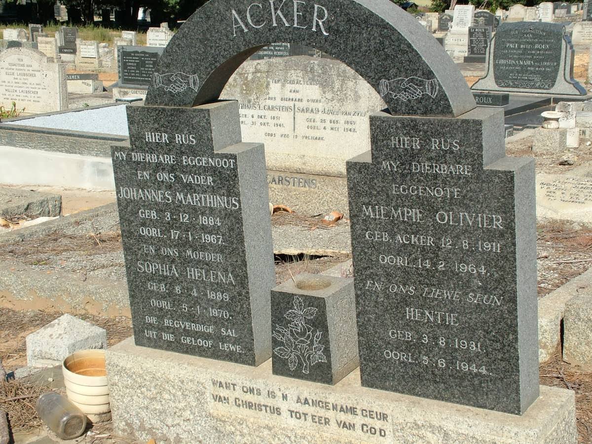 ACKER Johannes Marthinus 1884-1967 &amp; Sophia Helena 1898-1970 :: OLIVIER Miempie nee ACKER 1911-1964 :: ACKER Hentie 1931-194