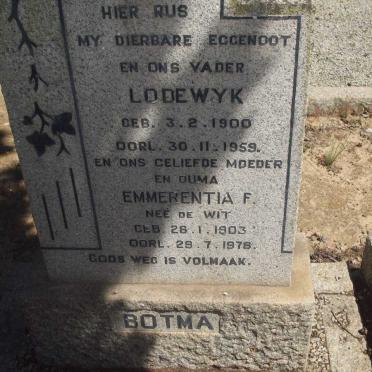 BOTMA Lodewyk 1900-1959 &amp; Emmerentia F. DE WIT 1903-1976
