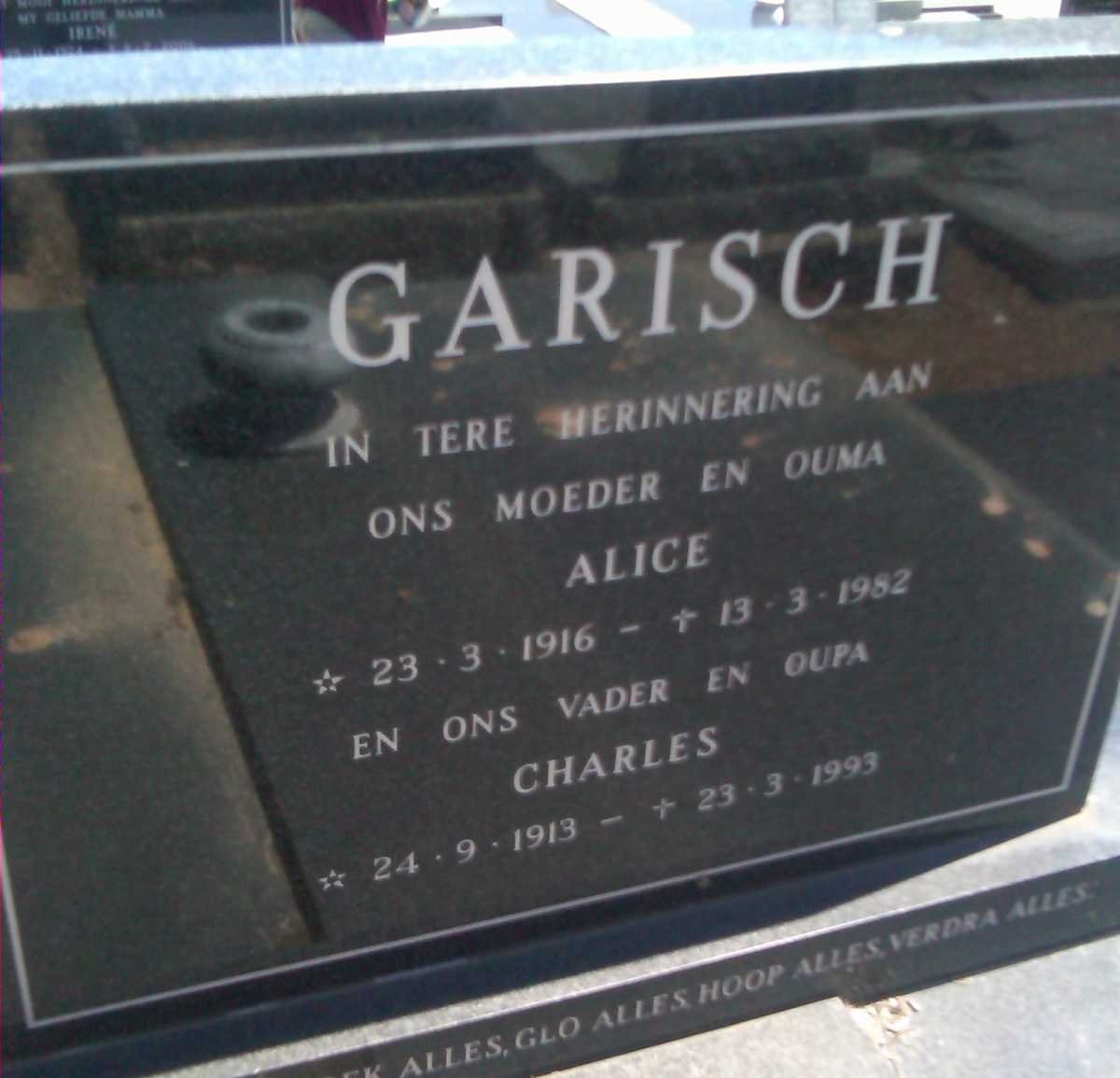 GARISCH Charles 1913-1993 &amp; Alice 1916-1982