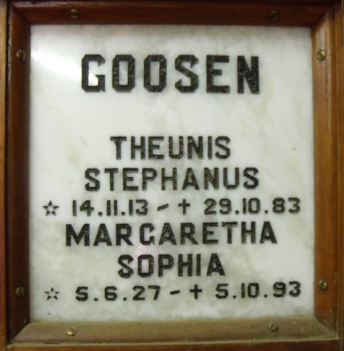 GOOSEN Theunis Stephanus 1913-1983 &amp; Margaretha Sophia 1927-1993