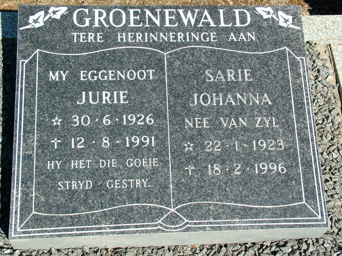 GROENEWALD Jurie 1926-1991 &amp; Sarie Johanna VAN ZYL 1923-1996
