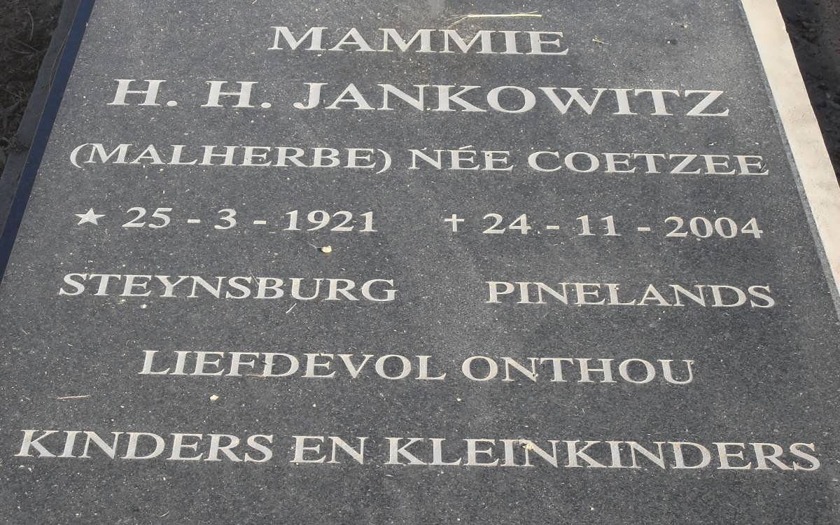 JANKOWITZ H.H. voorheen MALHERBE nee COETZEE 1921-2004