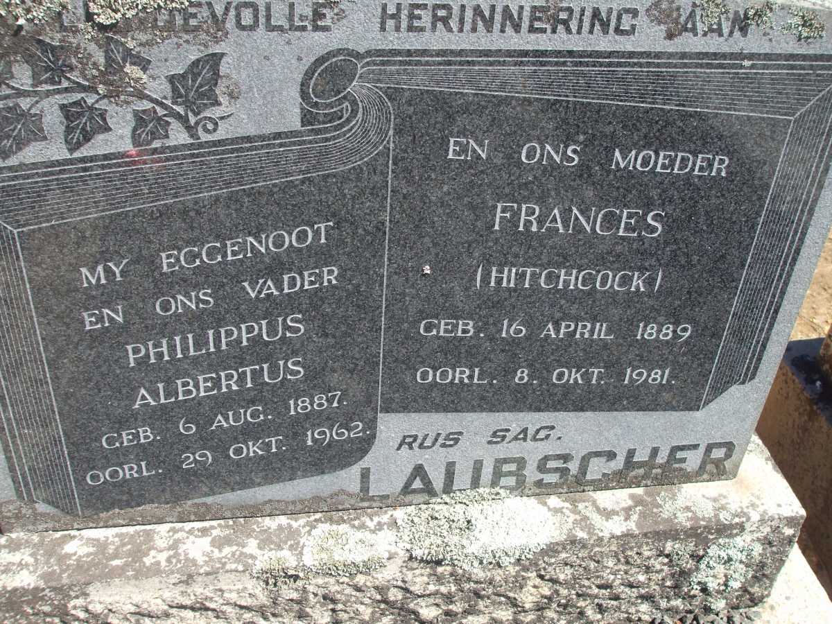LAUBSCHER Philippus Albertus 1887-1962 & Frances HITCHCOCK 1889-1981