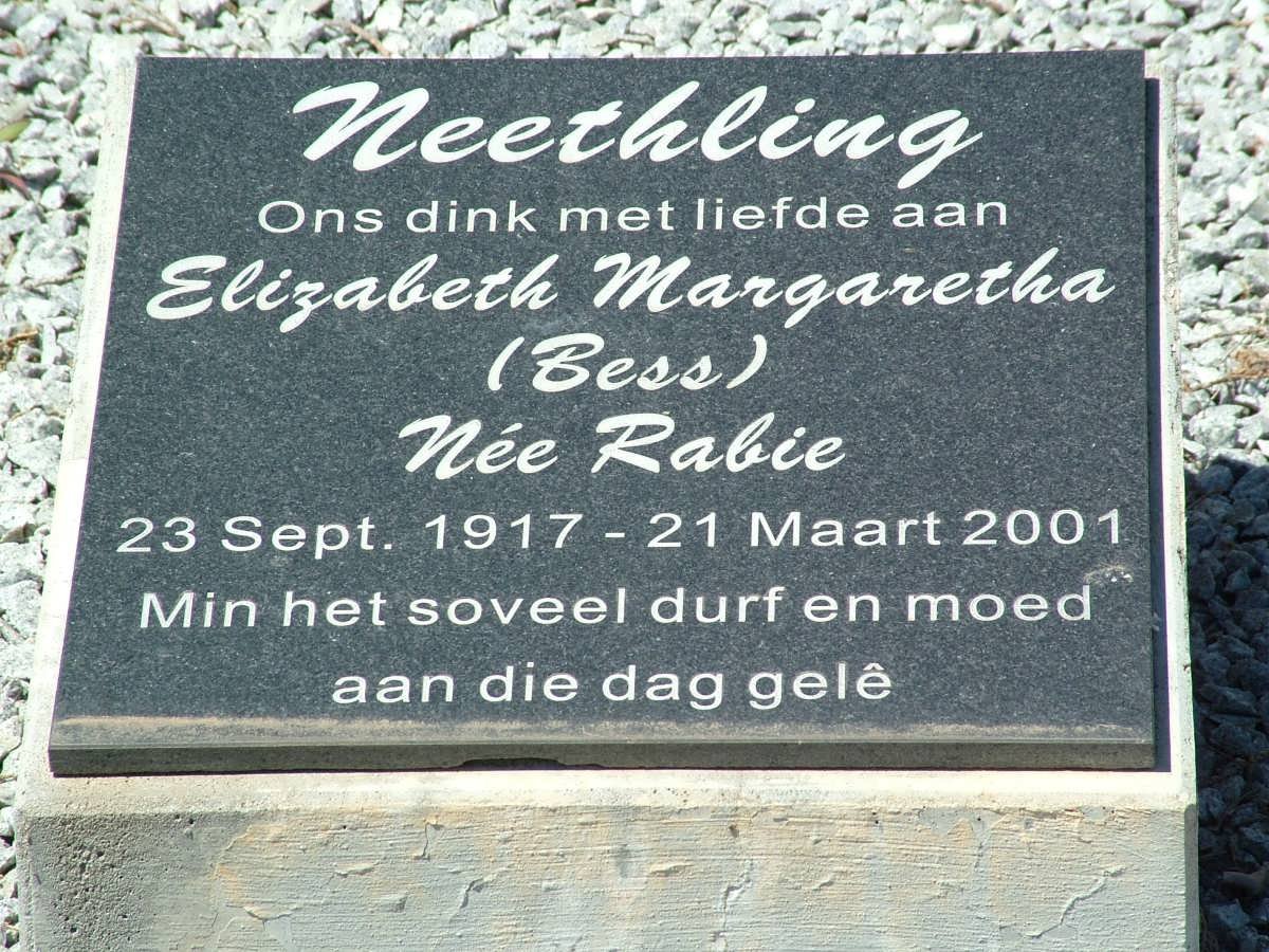 NEETHLING Elizabeth Margaretha nee RABIE 1917-2001