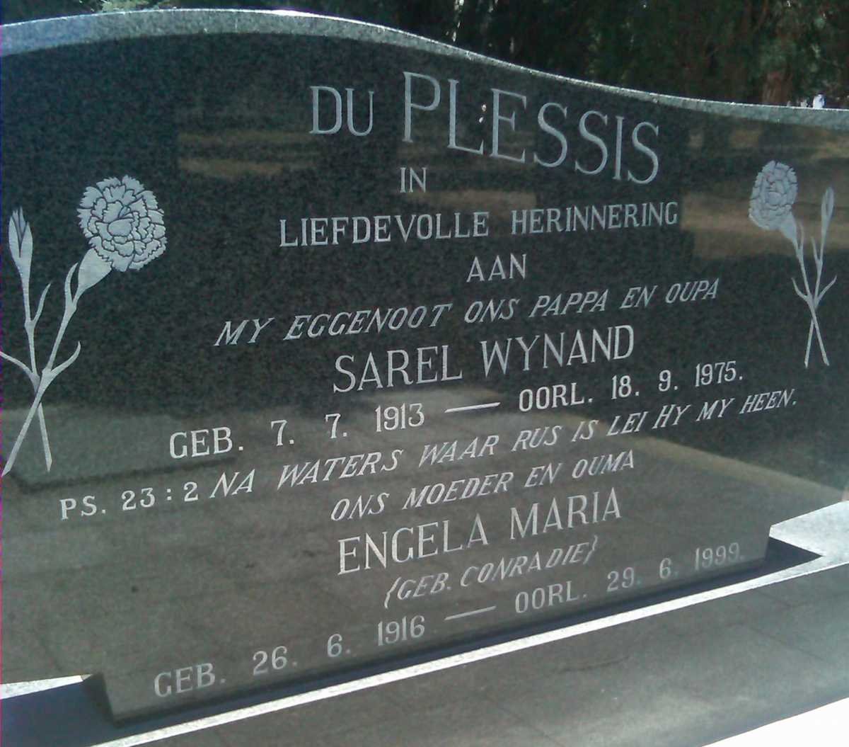 PLESSIS Sarel Wynand, du 1913-1975 &amp; Engela Maria CONRADIE 1916-1999