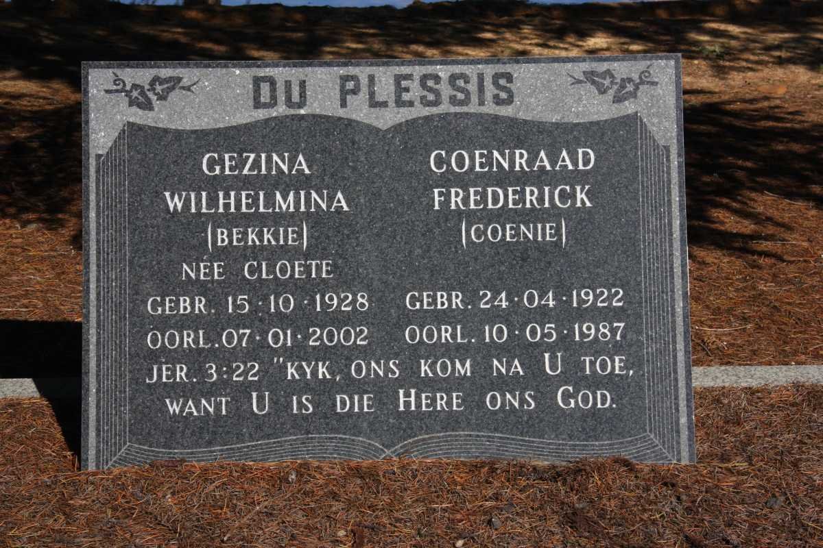 PLESSIS Coenraad Frederick 1922-1987 &amp; Gezina Wilhelmina CLOETE 1928-2002