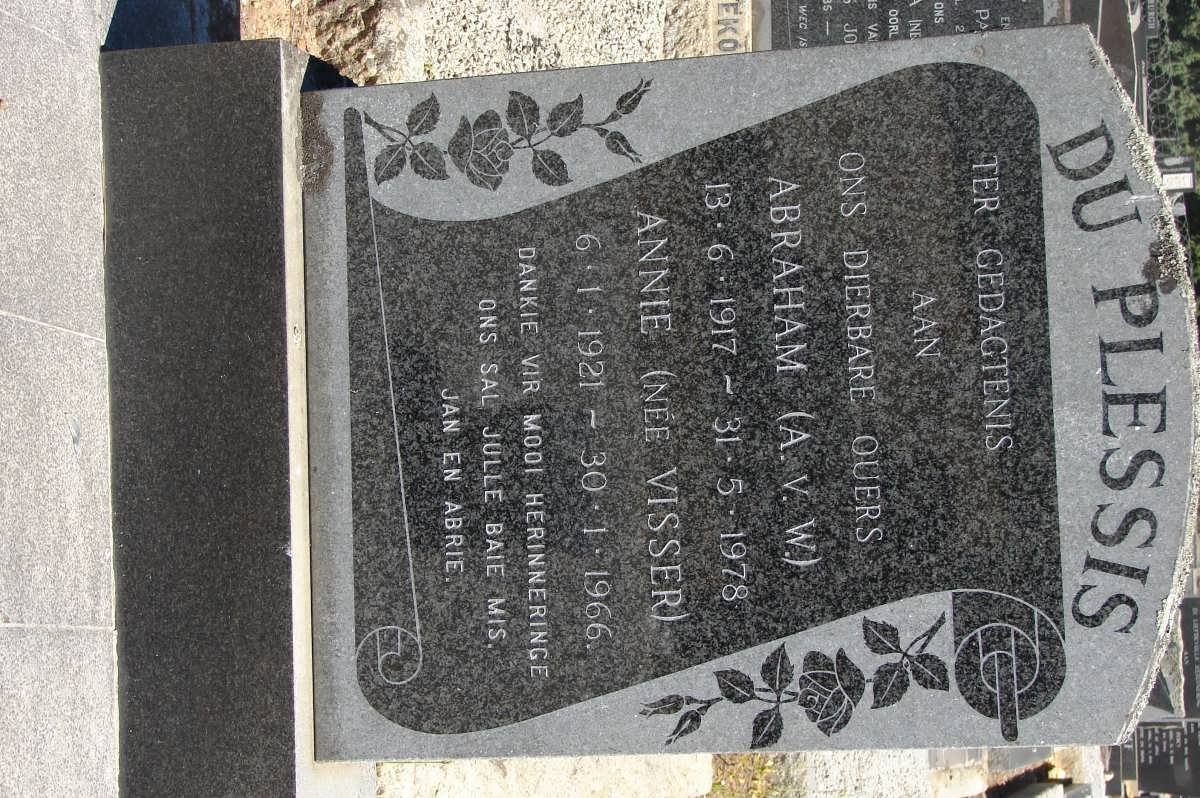 PLESSIS Abraham v.W., du 1917-1978 &amp; Annie VISSER 1921-1966
