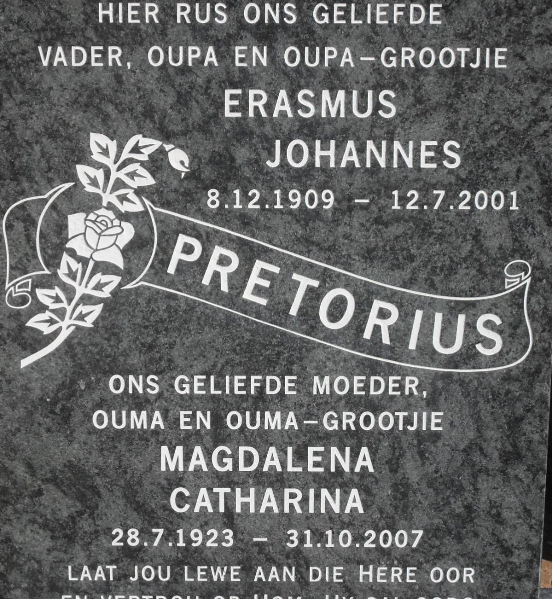 PRETORIUS Erasmus Johannes 1909-2001 &amp; Magdalena Catharina 1923-2007
