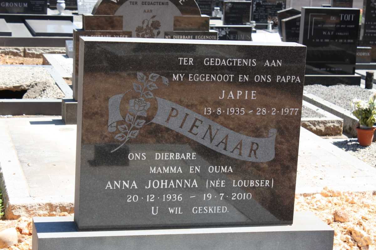 PIENAAR Japie 1935-1977 &amp; Anna Johanna LOUBSER 1936-2010