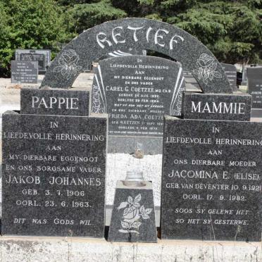 RETIEF Jakob Johannes 1906-1963 &amp; Jacomina E. VAN DEVENTER 1921-1982 