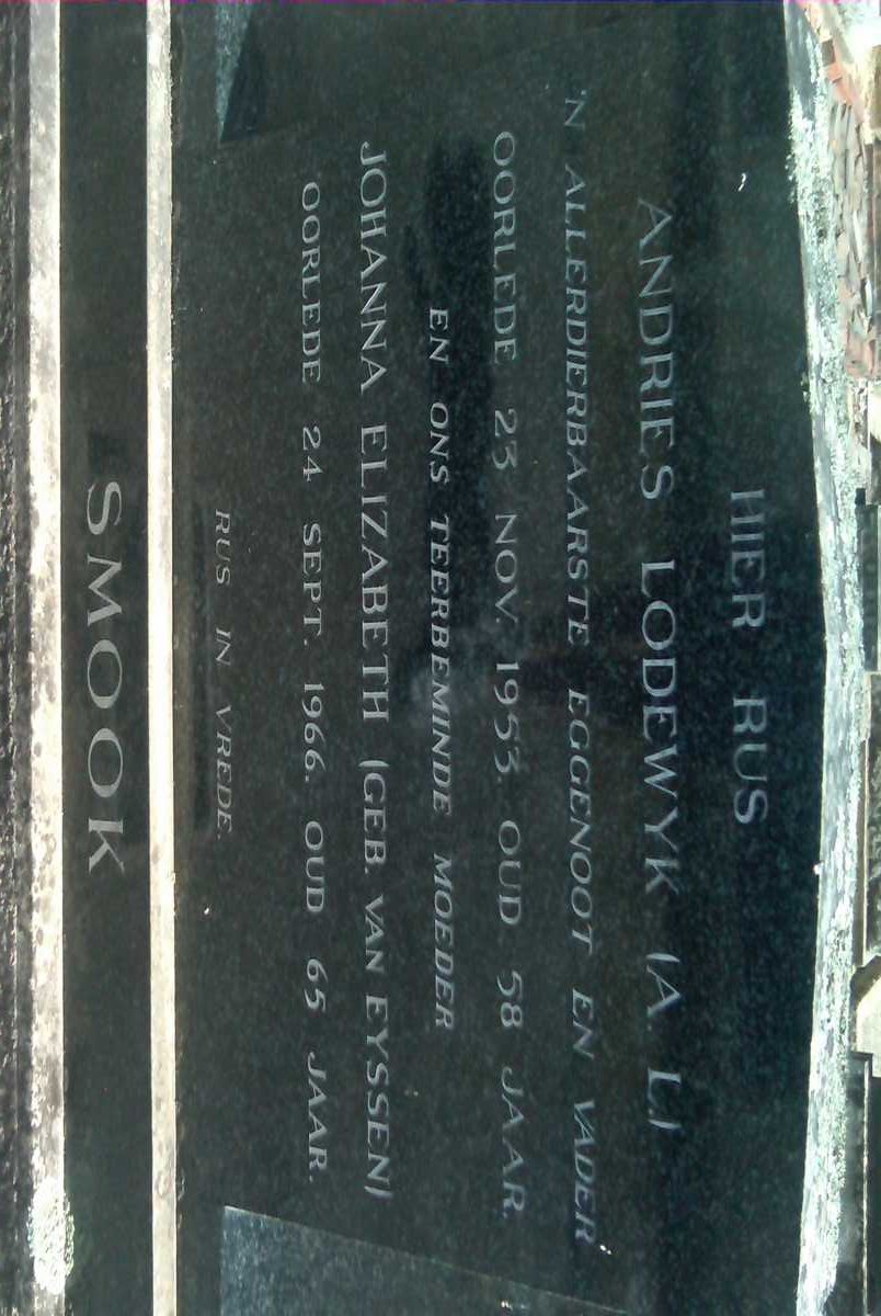 SMOOK Andries Lodewyk -1953 & Johanna Elizabeth VAN EYSSEN -1966