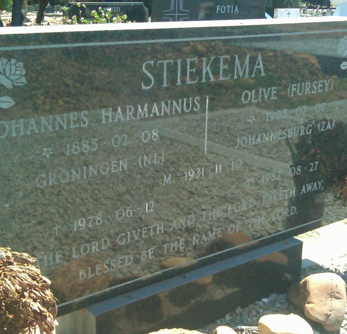 STIEKEMA Johannes Hermannus 1885-1978 & Olive FURSEY 1905-1987