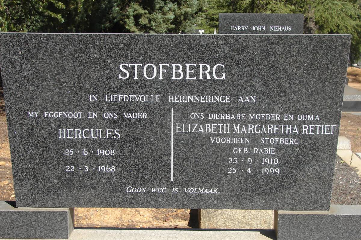STOFBERG Hercules 1908-1968 & Elizabeth Margaretha RETIEF voorheen STOFBERG nee RABIE 1910-1999