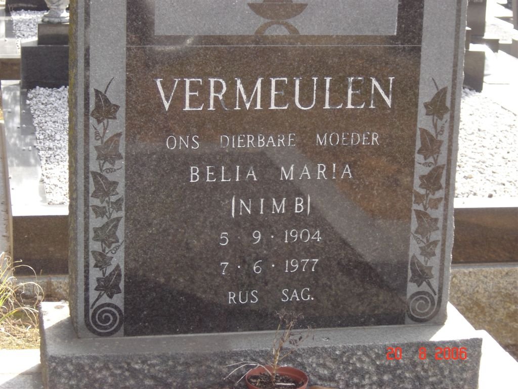 VERMEULEN Belia Maria nee NIMB 1904-1977