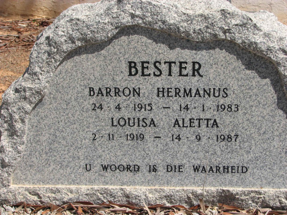 BESTER Barron Hermanus 1915-1983 &amp; Louisa Aletta 1919-1987