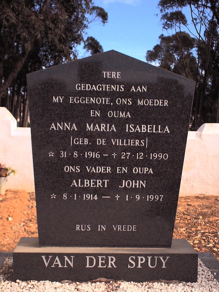 SPUY Albert John, van der 1914-1997 &amp; Anna Maria Isabella DE VILLIERS 1916-1990