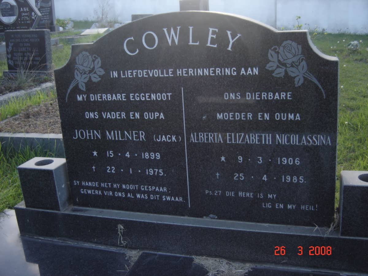 COWLEY John Milner 1899-1975 &amp; Alberta Elizabeth Nicolassina 1906-1985
