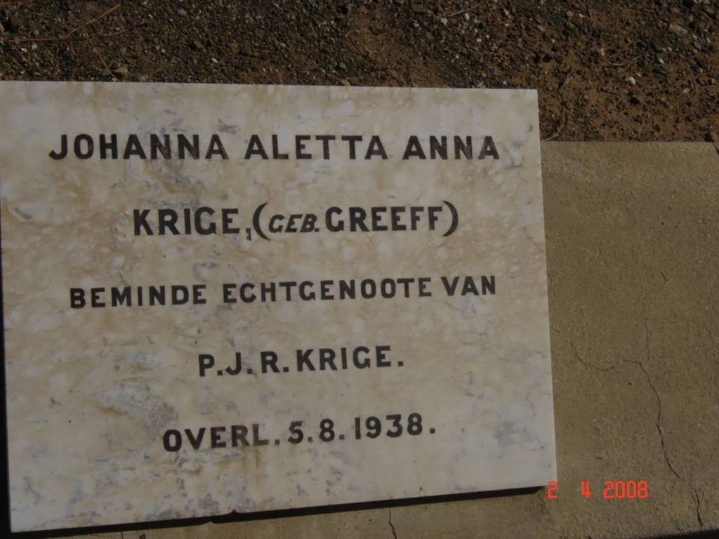 KRIGE Johanna Aletta Anna nee GREEFF -1938